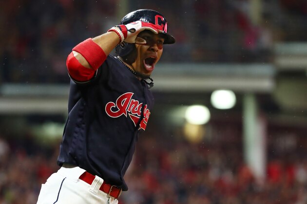 CLEVELAND, OH - OCTOBER 06:  Francisco Lindor #12 of the Cleveland Indians runs the bases after hitting a grand slam in the sixth inning against the New York Yankees during game two of the American League Division Series at Progressive Field on October 6, 2017 in Cleveland, Ohio.  (Photo by Gregory Shamus/Getty Images)