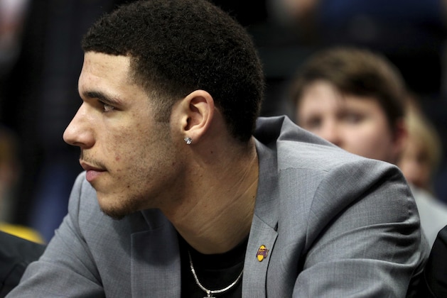 Los Angeles Lakers guard Lonzo Ball (2) looks on during an NBA basketball game against the Dallas Mavericks in Dallas Saturday, Feb. 10, 2018. (AP Photo/ Richard W. Rodriguez)