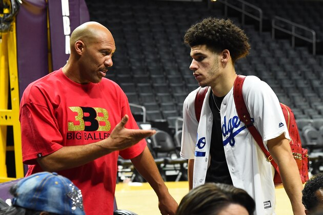 LOS ANGELES, CA - OCTOBER 19:  Lonzo Ball #2 of the Los Angeles Lakers and LaVar Ball after the game against the LA Clippers on October 19, 2017 at STAPLES Center in Los Angeles, California. NOTE TO USER: User expressly acknowledges and agrees that, by downloading and/or using this Photograph, user is consenting to the terms and conditions of the Getty Images License Agreement. Mandatory Copyright Notice: Copyright 2017 NBAE (Photo by Andrew D. Bernstein/NBAE via Getty Images)