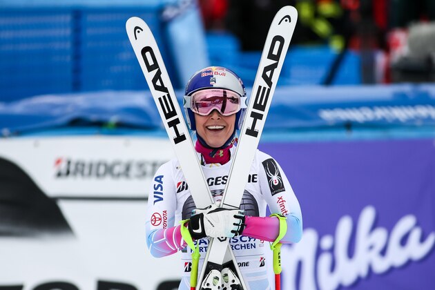 GARMISCH-PARTENKIRCHEN, GERMANY - FEBRUARY 03: Lindsey Vonn of USA celebrates during the Audi FIS Alpine Ski World Cup Women's Downhill on February 3, 2018 in Garmisch-Partenkirchen, Germany. (Photo by Millo Moravski/Agence Zoom/Getty Images)