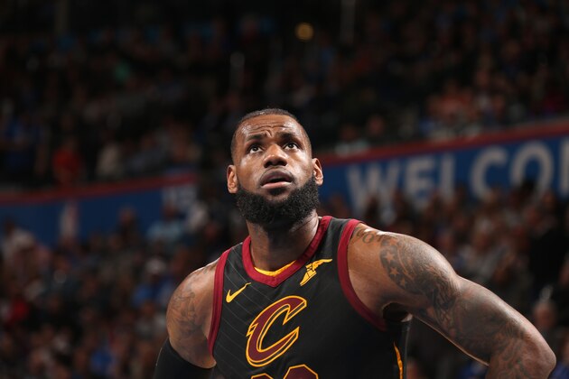 OKLAHOMA CITY, OK - FEBRUARY 13:  LeBron James #23 of the Cleveland Cavaliers reacts to a play against the Oklahoma City Thunder on February 13, 2018 at Chesapeake Energy Arena in Oklahoma City, Oklahoma. NOTE TO USER: User expressly acknowledges and agrees that, by downloading and or using this photograph, User is consenting to the terms and conditions of the Getty Images License Agreement. Mandatory Copyright Notice: Copyright 2018 NBAE (Photo by Layne Murdoch/NBAE via Getty Images)