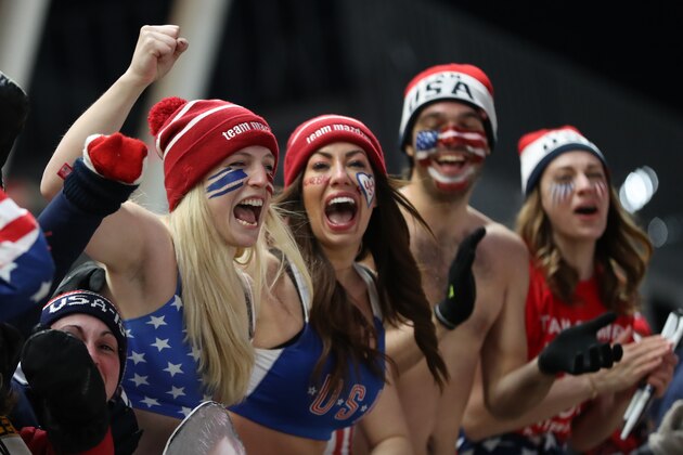 PYEONGCHANG-GUN, SOUTH KOREA - FEBRUARY 15: American spectators cheer on their team during the Luge Team Relay at Olympic Sliding Centre on February 15, 2018 in Pyeongchang-gun, South Korea. (Photo by Ian MacNicol/Getty Images)