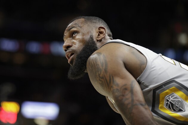 Cleveland Cavaliers' LeBron James looks up in the first half of an NBA basketball game against the Minnesota Timberwolves, Wednesday, Feb. 7, 2018, in Cleveland. (AP Photo/Tony Dejak)