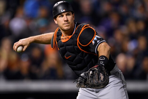 DENVER, CO - SEPTEMBER 26: J.T. Realmuto #11 of the Miami Marlins in action during the game against the Colorado Rockies at Coors Field on September 26, 2017 in Denver, Colorado. (Photo by Rob Foldy/Miami Marlins via Getty Images)