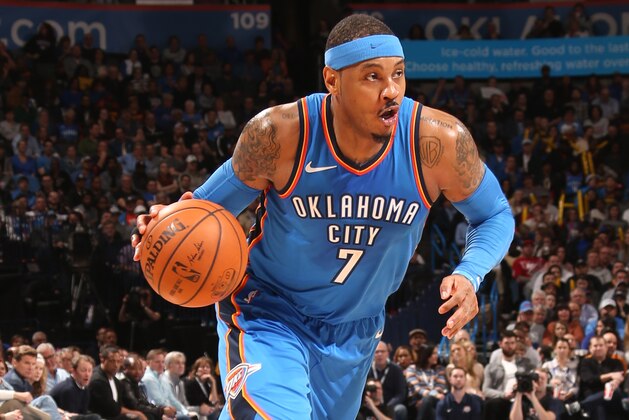 OKLAHOMA CITY, OK - FEBRUARY 13:  Carmelo Anthony #7 of the Oklahoma City Thunder handles the ball against the Cleveland Cavaliers on February 13, 2018 at Chesapeake Energy Arena in Oklahoma City, Oklahoma. NOTE TO USER: User expressly acknowledges and agrees that, by downloading and or using this photograph, User is consenting to the terms and conditions of the Getty Images License Agreement. Mandatory Copyright Notice: Copyright 2018 NBAE (Photo by Layne Murdoch/NBAE via Getty Images)