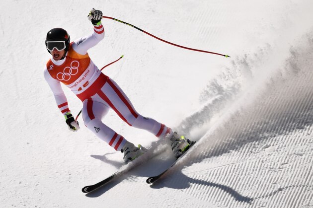 Austria's Matthias Mayer reacts after crossing the finish line of the Men's Super G at the Jeongseon Alpine Center during the Pyeongchang 2018 Winter Olympic Games in Pyeongchang on February 16, 2018.  / AFP PHOTO / Jonathan NACKSTRAND        (Photo credit should read JONATHAN NACKSTRAND/AFP/Getty Images)
