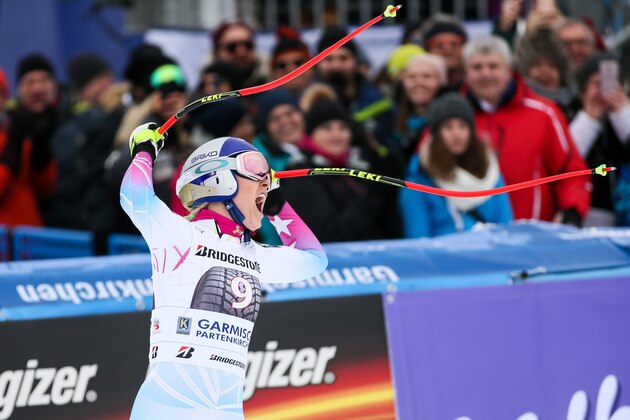 GARMISCH-PARTENKIRCHEN, GERMANY - FEBRUARY 03: Lindsey Vonn of USA takes 1st place during the Audi FIS Alpine Ski World Cup Women's Downhill on February 3, 2018 in Garmisch-Partenkirchen, Germany. (Photo by Millo Moravski/Agence Zoom/Getty Images)