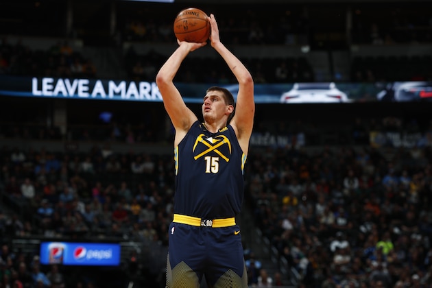 Denver Nuggets center Nikola Jokic (15) in the first half of an NBA basketball game Tuesday, Feb. 13, 2018, in Denver. (AP Photo/David Zalubowski)