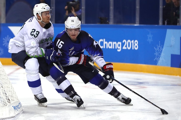GANGNEUNG, SOUTH KOREA - FEBRUARY 14:  Ryan Donato #16 of the United States skates against Luka Vidmar #23 of Slovenia during the Men's Ice Hockey Preliminary Round Group B game on day five of the PyeongChang 2018 Winter Olympics at Kwandong Hockey Centre on February 14, 2018 in Gangneung, South Korea.  (Photo by Ronald Martinez/Getty Images)