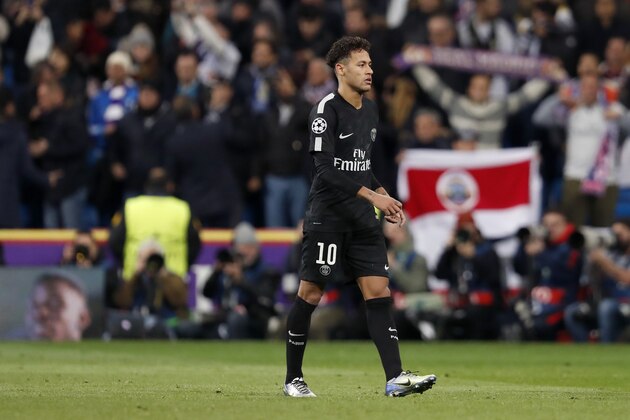 Neymar of Paris Saint-Germain during the UEFA Champions League round of 16 match between Real Madrid and Paris Saint-Germain at the Santiago Bernabeu stadium on February 14, 2018 in Madrid, Spain(Photo by VI Images via Getty Images)