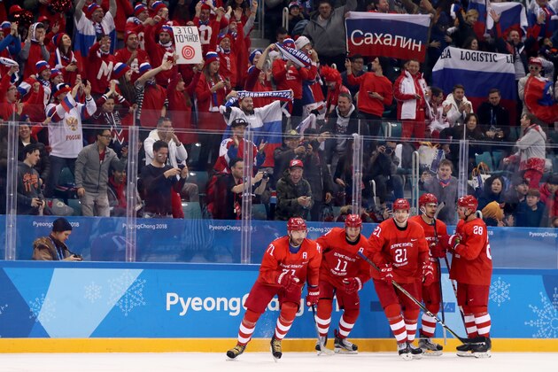 GANGNEUNG, SOUTH KOREA - FEBRUARY 16:  Ilya Kovalchuk #71 of Olympic Athlete from Russia celebrates with his teammates after scoring a goal against Luka Gracnar #40 of Slovenia in the second period during the Men's Ice Hockey Preliminary Round Group B game at Gangneung Hockey Centre on February 16, 2018 in Gangneung, South Korea.  (Photo by Jamie Squire/Getty Images)