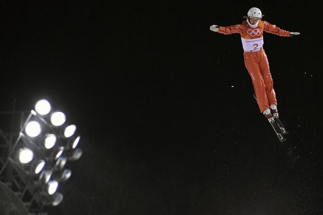 Belarus' Hanna Huskova competes in the women's aerials final 3 during the Pyeongchang 2018 Winter Olympic Games at the Phoenix Park in Pyeongchang on February 16, 2018. / AFP PHOTO / LOIC VENANCE        (Photo credit should read LOIC VENANCE/AFP/Getty Images)
