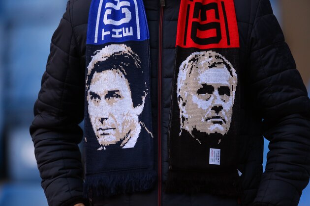 LONDON, ENGLAND - NOVEMBER 05: A fan wearing a scarf with the faces of Antonio Conte manager / head coach of Chelsea and Jose Mourinho the head coach / manager of Manchester United before the Premier League match between Chelsea and Manchester United at Stamford Bridge on November 5, 2017 in London, England. (Photo by Catherine Ivill - AMA/Getty Images)