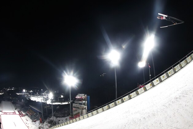 PYEONGCHANG-GUN, SOUTH KOREA - FEBRUARY 16: Ryoyu Kobayashi of Japan makes a trial jump during the Ski Jumping Men's Large Hill Individual Qualification at Alpensia Ski Jumping Center on February 16, 2018 in Pyeongchang-gun, South Korea.  (Photo by Ryan Pierse/Getty Images)