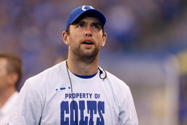 INDIANAPOLIS, IN - SEPTEMBER 17:  Andrew Luck #12 of the Indianapolis Colts looks on from the sideline against the Arizona Cardinals at Lucas Oil Stadium on September 17, 2017 in Indianapolis, Indiana.  (Photo by Michael Reaves/Getty Images)