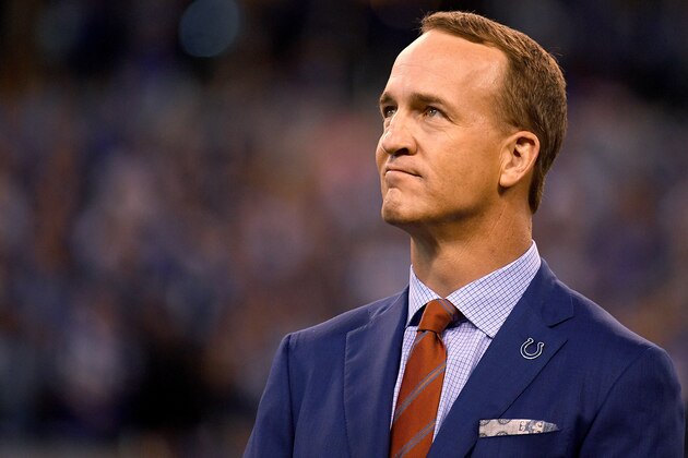 INDIANAPOLIS, IN - OCTOBER 08: Peyton Manning watches a video presentation during a ceremony to retire his number during the halftime of the game between the Indianapolis Colts and the San Francisco 49ers at Lucas Oil Stadium on October 8, 2017 in Indianapolis, Indiana.  (Photo by Bobby Ellis/Getty Images)