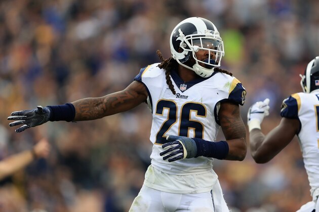 LOS ANGELES, CA - NOVEMBER 12:   Mark Barron #26 of the Los Angeles Rams looks on during the first half of game against the Houston Texans  at Los Angeles Memorial Coliseum on November 12, 2017 in Los Angeles, California.  (Photo by Sean M. Haffey/Getty Images)
