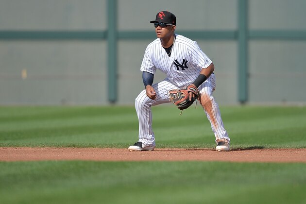 SCOTTSDALE, AZ - NOVEMBER 13:  Thairo Estrada #99 of Scottsdale Scorpions (NYY) in action in the Arizona Fall League game against the Surprise Saguaros at Scottsdale Stadium on November 13, 2017 in Scottsdale, Arizona.  (Photo by Jennifer Stewart/Getty Images)