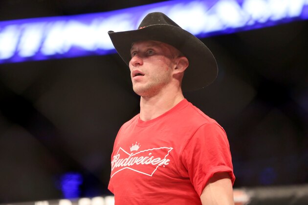 Donald 'Cowboy' Cerrone is seen after his fight against Benson Henderson during their lightweight fight at UFC Fight Night Boston, Sunday, January 18, 2015 in Boston.  Cerrone won via unanimous decision. (AP Photo/Gregory Payan)