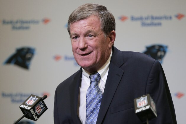 Carolina Panthers interim general manager Marty Hurney speaks to the media during a news conference in Charlotte, N.C., Wednesday, July 19, 2017. The Panthers rehired Marty Hurney as their interim general manager two days after owner Jerry Richardson surprisingly fired Dave Gettleman.(AP Photo/Chuck Burton)
