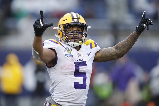 ORLANDO, FL - JANUARY 01: Derrius Guice #5 of the LSU Tigers celebrates after a touchdown run against the Notre Dame Fighting Irish during the Citrus Bowl on January 1, 2018 in Orlando, Florida. Notre Dame won 21-17. (Photo by Joe Robbins/Getty Images)