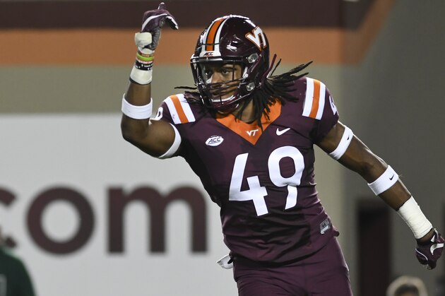 BLACKSBURG, VA - OCTOBER 20: Linebacker Tremaine Edmunds #49 of the Virginia Tech Hokies reacts following a play against the Miami Hurricanes in the first half at Lane Stadium on October 20, 2016 in Blacksburg, Virginia. Virginia Tech defeated Miami 37-16. (Photo by Michael Shroyer/Getty Images)