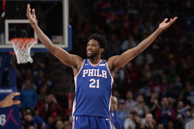 PHILADELPHIA,PA - FEBRUARY 12: Joel Embiid #21 of the Philadelphia 76ers celebrates against the New York Knicks on February 12, 2018 in Philadelphia, Pennsylvania at Wells Fargo Center. NOTE TO USER: User expressly acknowledges and agrees that, by downloading and/or using this Photograph, user is consenting to the terms and conditions of the Getty Images License Agreement. Mandatory Copyright Notice: Copyright 2018 NBAE (Photo by David Dow/NBAE via Getty Images)
