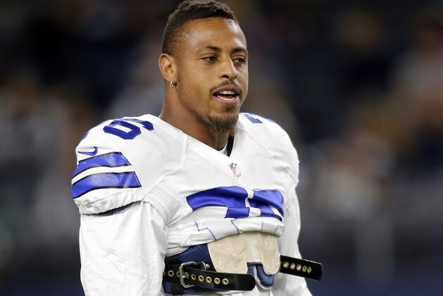 Dallas Cowboys' Greg Hardy (76) stands not he field as he warms up before an NFL football game agaisnt the Philadelphia Eagles on Sunday, Nov. 8, 2015, in Arlington, Texas. (AP Photo/Brandon Wade)