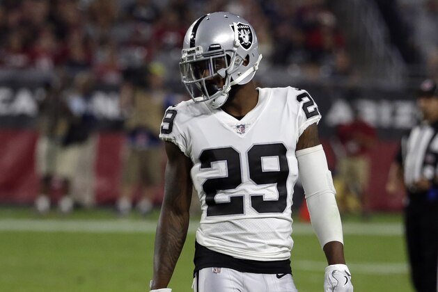 Oakland Raiders cornerback David Amerson (29) during an NFL preseason football game against the Arizona Cardinals, Saturday, Aug. 12, 2017, in Glendale, Ariz. (AP Photo/Rick Scuteri)