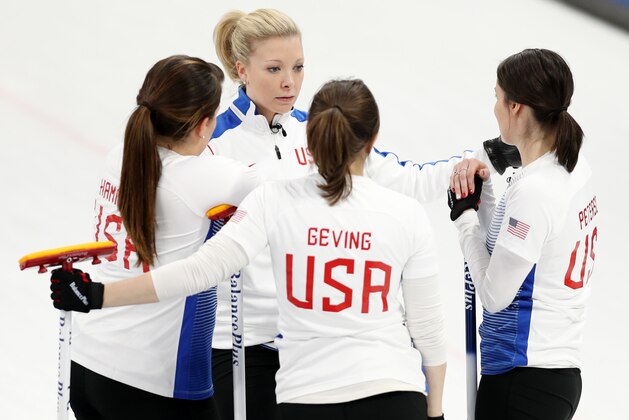 GANGNEUNG, SOUTH KOREA - FEBRUARY 14: From left Becca Hamilton, Nina Roth, Aileen Geving and Tabitha Peterson of the United States of America talk during their game against Japan in the Women's Round Robin Session 1 on day five of the PyeongChang 2018 Winter Olympic Games at Gangneung Curling Centre on February 14, 2018 in Gangneung, South Korea. (Photo by Maddie Meyer/Getty Images)