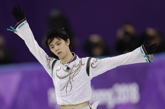 Yuzuru Hanyu of Japan performs during the men's free figure skating final in the Gangneung Ice Arena at the 2018 Winter Olympics in Gangneung, South Korea, Saturday, Feb. 17, 2018. (AP Photo/Bernat Armangue)