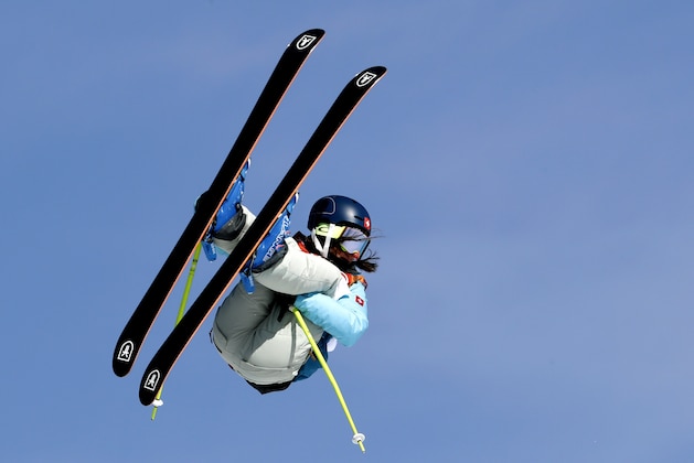 Sarah Hoefflin, of Switzerland, jumps during the women's slopestyle finals at Phoenix Snow Park at the 2018 Winter Olympics in Pyeongchang, South Korea, Saturday, Feb. 17, 2018. (AP Photo/Lee Jin-man)