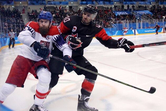 GANGNEUNG, SOUTH KOREA - FEBRUARY 17:  Adam Polasek #61 of the Czech Republic skates against Maxim Lapierre #40 of Canada during the Men's Ice Hockey Preliminary Round Group A game on day eight of the PyeongChang 2018 Winter Olympic Games at Gangneung Hockey Centre on February 17, 2018 in Gangneung, South Korea.  (Photo by Bruce Bennett/Getty Images)