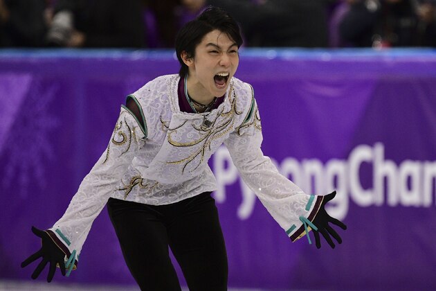 Japan's Yuzuru Hanyu reacts in the men's single skating free skating of the figure skating event during the Pyeongchang 2018 Winter Olympic Games at the Gangneung Ice Arena in Gangneung on February 17, 2018. / AFP PHOTO / Roberto SCHMIDT        (Photo credit should read ROBERTO SCHMIDT/AFP/Getty Images)