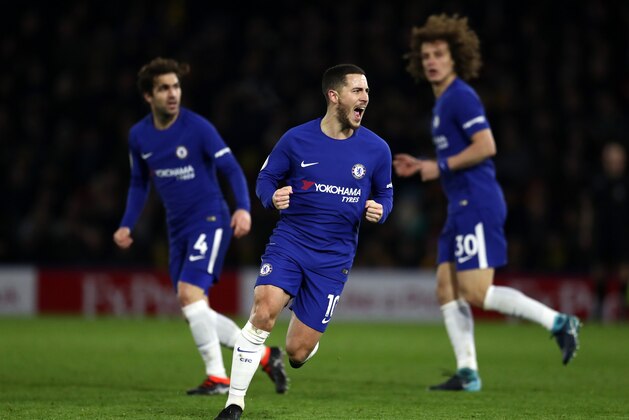 WATFORD, ENGLAND - FEBRUARY 05:  Eden Hazard of Chelsea celebrates scoring the first Chelsea goal during the Premier League match between Watford and Chelsea at Vicarage Road on February 5, 2018 in Watford, England.  (Photo by Catherine Ivill/Getty Images)