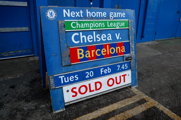 LONDON, ENGLAND - FEBRUARY 16: General view of the fixture board showing the Barcelona match as sold out  ahead of The Emirates FA Cup Fifth Round match between Chelsea and Hull City at Stamford Bridge on February 16, 2018 in London, England. (Photo by Catherine Ivill/Getty Images)