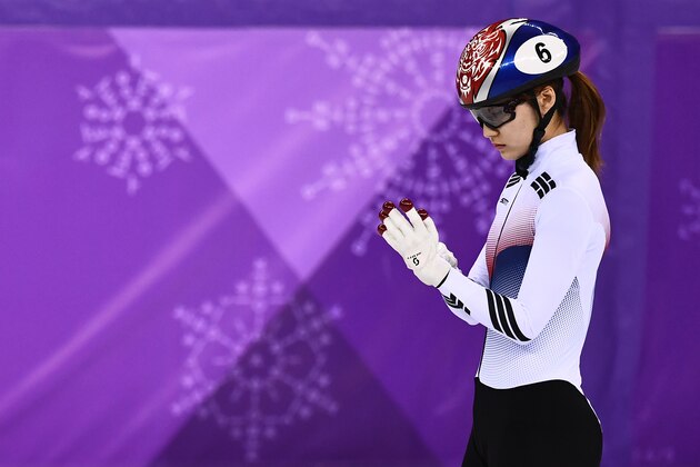 South Korea's Choi Minjeong gestures before the women's 1,500m short track speed skating A final event during the Pyeongchang 2018 Winter Olympic Games, at the Gangneung Ice Arena in Gangneung on February 17, 2018. / AFP PHOTO / ARIS MESSINIS        (Photo credit should read ARIS MESSINIS/AFP/Getty Images)