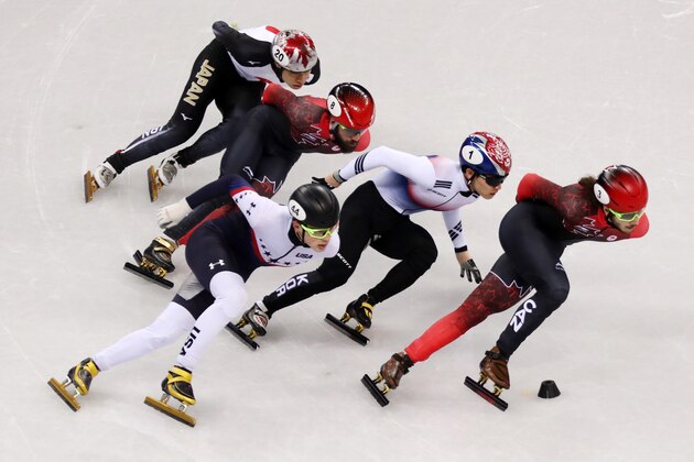 GANGNEUNG, SOUTH KOREA - FEBRUARY 17:  John-Henry Krueger of the United States, Yira Seo of Korea, Charles Hamelin of Canada, Samuel Girard of Canada, Ryosuke Sakazume of Japan compete during the Short Track Speed Skating Men's1000m Semifinals on day eight of the PyeongChang 2018 Winter Olympic Games at Gangneung Ice Arena on February 17, 2018 in Gangneung, South Korea.  (Photo by Richard Heathcote/Getty Images)