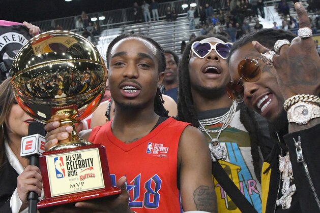 LOS ANGELES, CA - FEBRUARY 16:  (L-R) Quavo, Takeoff and Offset of Migos pose during the 2018 NBA All-Star Game Celebrity Game at Los Angeles Convention Center on February 16, 2018 in Los Angeles, California.  (Photo by Jayne Kamin-Oncea/Getty Images)