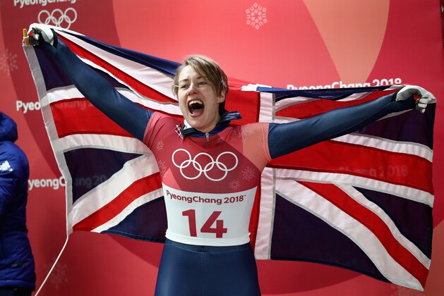 PYEONGCHANG-GUN, SOUTH KOREA - FEBRUARY 17:  Lizzy Yarnold of Great Britain celebates as she secures the gold medal at the Womens Skeleton on day eight of the PyeongChang 2018 Winter Olympic Games at Olympic Sliding Centre on February 17, 2018 in Pyeongchang-gun, South Korea.  (Photo by Clive Mason/Getty Images)