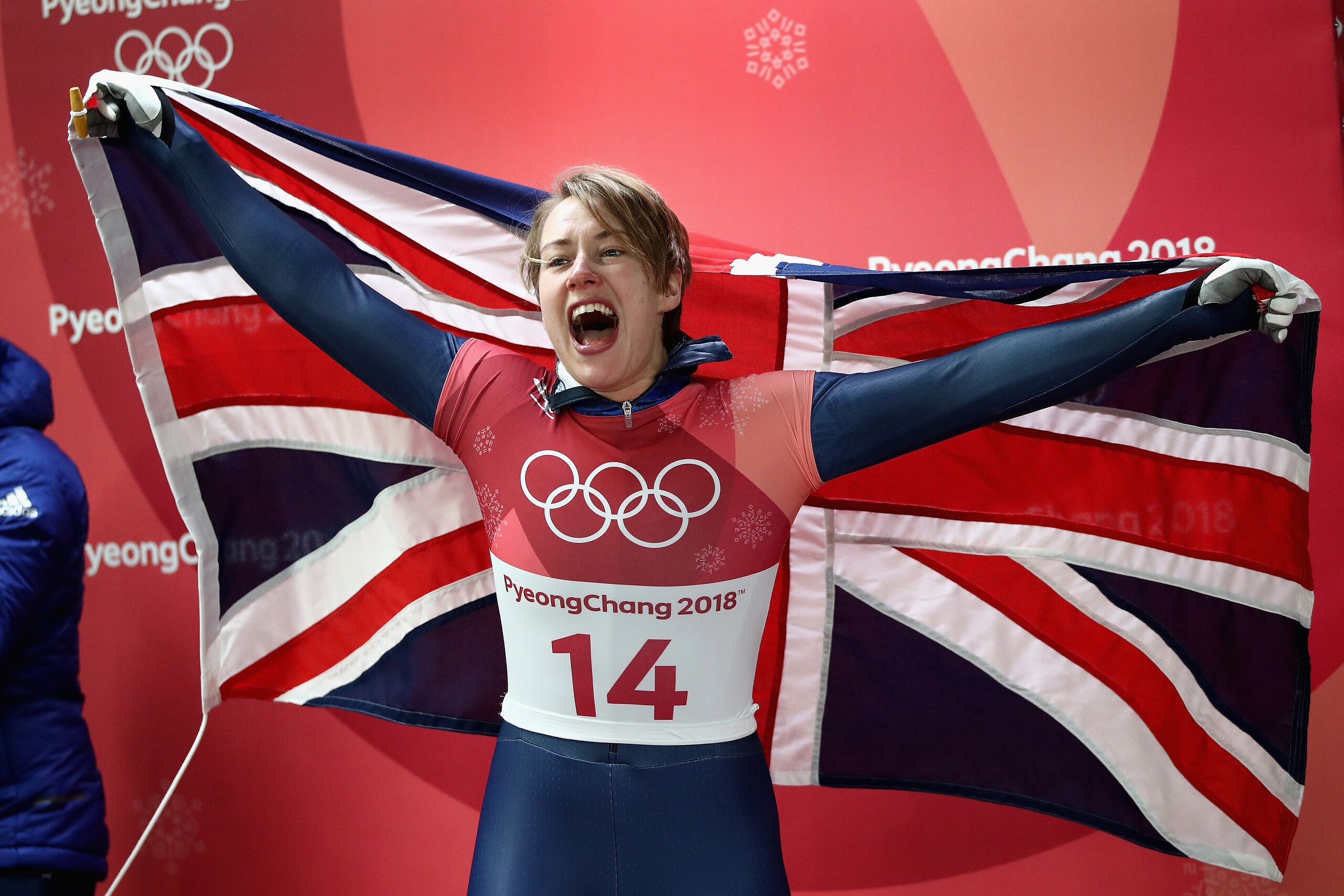 PYEONGCHANG-GUN, SOUTH KOREA - FEBRUARY 17:  Lizzy Yarnold of Great Britain celebates as she secures the gold medal at the Womens Skeleton on day eight of the PyeongChang 2018 Winter Olympic Games at Olympic Sliding Centre on February 17, 2018 in Pyeongchang-gun, South Korea.  (Photo by Clive Mason/Getty Images)