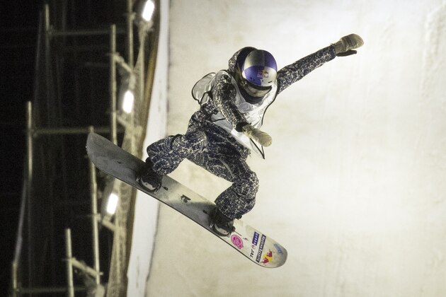Miyabi Onitsuka of Japan competes in the FIS Snowboard World Cup Big Air event at the Worker's Stadium in Beijing, China, Saturday, Nov. 25, 2017. Onitsuka finished second in the event behind Anna Gasser of Switzerland(AP Photo/Mark Schiefelbein)