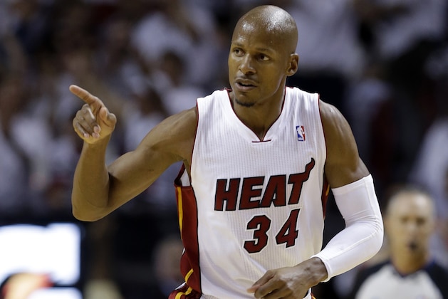 FILE - In a  Friday, May 30, 2014 file photo, Miami Heat guard Ray Allen gestures after scoring a three-point basket during the first half Game 6 in the NBA basketball playoffs Eastern Conference finals against the Indiana Pacers, in Miami. Allen announced his retirement from the NBA on Tuesday, Nov. 1, 2016, ending a career that saw him make more 3-pointers than any player in league history and win championships with Boston and Miami. (AP Photo/Lynne Sladky, File)