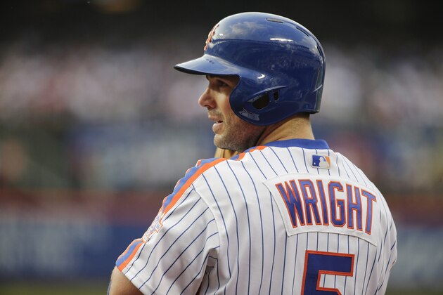 FILE - In this May 27, 2016, file photo, New York Mets'  David Wright stands on the field during the first inning of a baseball game against the Los Angeles Dodgers, in New York. Wright has started a rehab assignment with Class A St. Lucie. Wright was the designated hitter and batted third Tuesday night, Aug. 22, 2017, at Charlotte, a Tampa Bay Rays affiliate in the Florida State League. Trying to come back from neck surgery last year, the third baseman hasn't played in a major league game since May 2016. (AP Photo/Frank Franklin II, File)