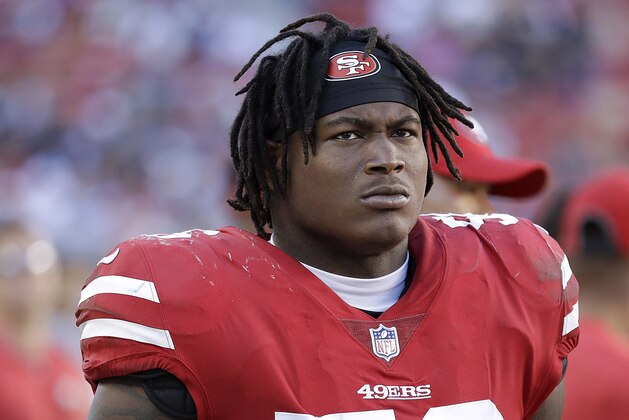 San Francisco 49ers linebacker Reuben Foster (56) stands on the sideline during the second half of an NFL football game against the Dallas Cowboys in Santa Clara, Calif., Sunday, Oct. 22, 2017. (AP Photo/Marcio Jose Sanchez)