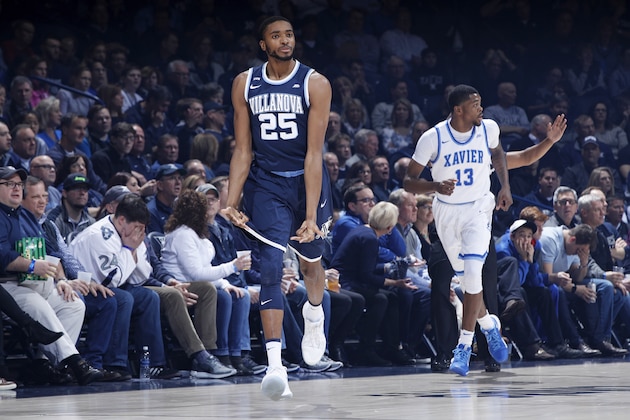 CINCINNATI, OH - FEBRUARY 17: Mikal Bridges #25 of the Villanova Wildcats reacts after hitting a three-point shot against the Xavier Musketeers in the first half of a game at Cintas Center on February 17, 2018 in Cincinnati, Ohio. (Photo by Joe Robbins/Getty Images)