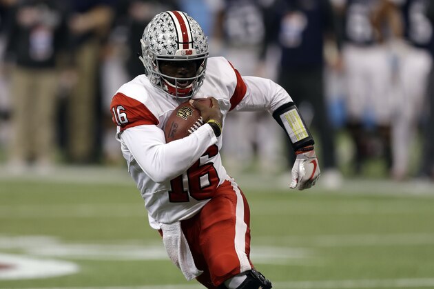 East quarterback JT Barrett during the second half of the East West Shrine football game Saturday, Jan. 20, 2018, in St. Petersburg, Fla. The West won the game 14-10.(AP Photo/Chris O'Meara) East quarterback JT Barrett during the second half of the East West Shrine football game Saturday, Jan. 20, 2018, in St. Petersburg, Fla. The West won the game 14-10.(AP Photo/Chris O'Meara)