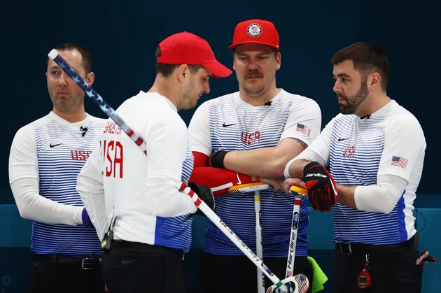 GANGNEUNG, SOUTH KOREA - FEBRUARY 16:  Matt Hamilton, George Tyler, John Shuster and John Landsteiner of the USA compete in the Curling Men's Round Robin Session 4  held at Gangneung Curling Centre on February 16, 2018 in Gangneung, South Korea.  (Photo by Dean Mouhtaropoulos/Getty Images)