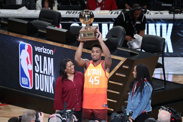 LOS ANGELES, CA - FEBRUARY 17: Donovan Mitchell #45 of the Utah Jazz receives the Verizon Slam Dunk Contest Trophy during State Farm All-Star Saturday Night as part of the 2018 NBA All-Star Weekend on February 17, 2018 at STAPLES Center in Los Angeles, California. NOTE TO USER: User expressly acknowledges and agrees that, by downloading and/or using this photograph, user is consenting to the terms and conditions of the Getty Images License Agreement.  Mandatory Copyright Notice: Copyright 2018 NBAE (Photo by Joe Murphy/NBAE via Getty Images)