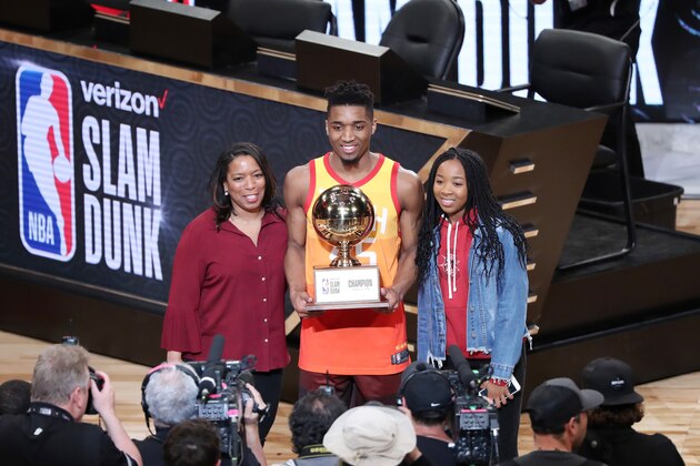 LOS ANGELES, CA - FEBRUARY 17: Donovan Mitchell #45 of the Utah Jazz receives the Verizon Slam Dunk Contest Trophy during State Farm All-Star Saturday Night as part of the 2018 NBA All-Star Weekend on February 17, 2018 at STAPLES Center in Los Angeles, California. NOTE TO USER: User expressly acknowledges and agrees that, by downloading and/or using this photograph, user is consenting to the terms and conditions of the Getty Images License Agreement.  Mandatory Copyright Notice: Copyright 2018 NBAE (Photo by Joe Murphy/NBAE via Getty Images)